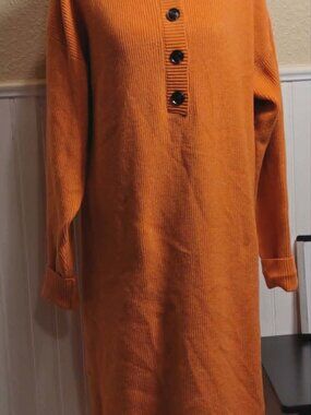Chouyatou Burnt Orange Ribbed Mock Neck Button Sweater Dress